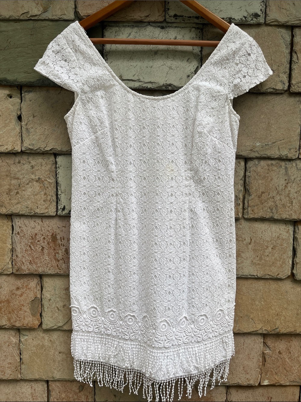 Lilly Pulitzer White Lace Off-Shoulder Beaded Fringe Mini Dress